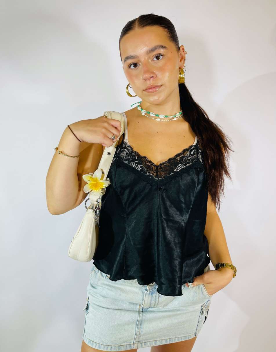 Vintage Size M Satin Lace Detail Cami Top in Black