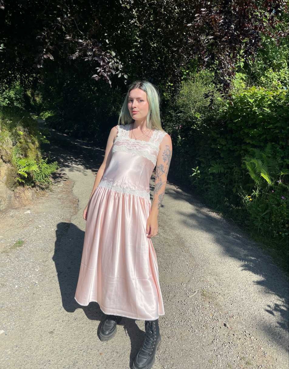 Vintage Size M satin lace maxi slip dress in pink