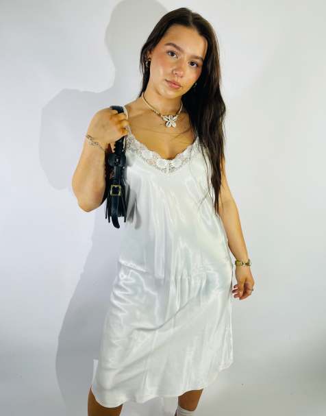 Vintage Size M Satin Lace Midi Slip Dress in White - view 1