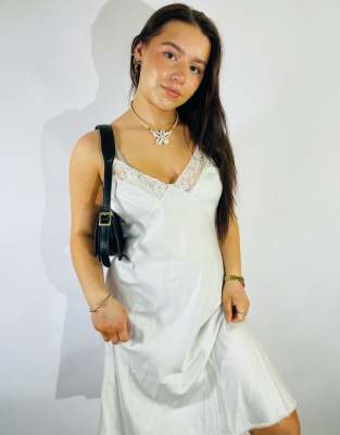 Vintage Size M Satin Lace Midi Slip Dress in White