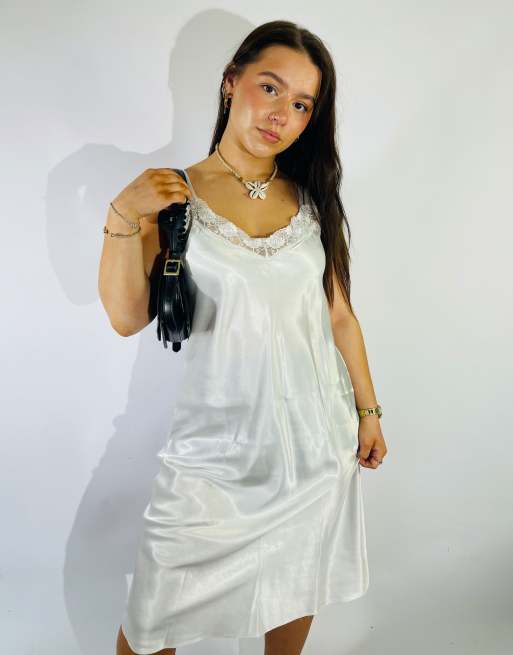 Vintage Size M Satin Lace Midi Slip Dress in White
