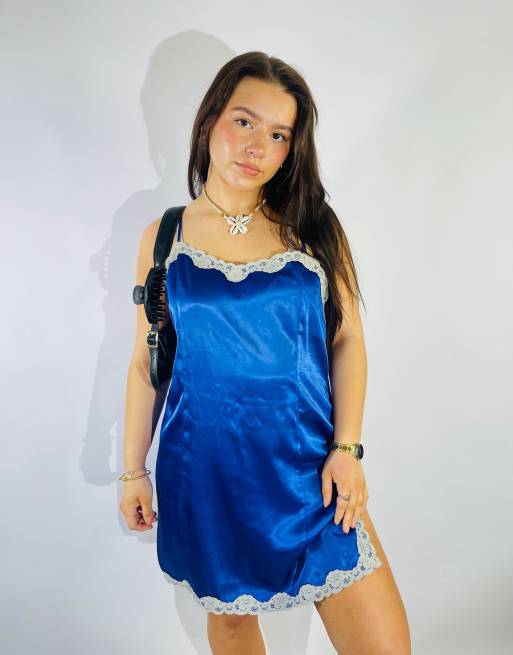 Vintage Size M Satin Lace Mini Slip Dress in Blue