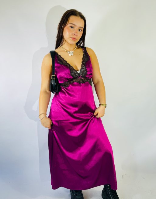 Vintage Size M Satin Maxi Slip Dress in Purple