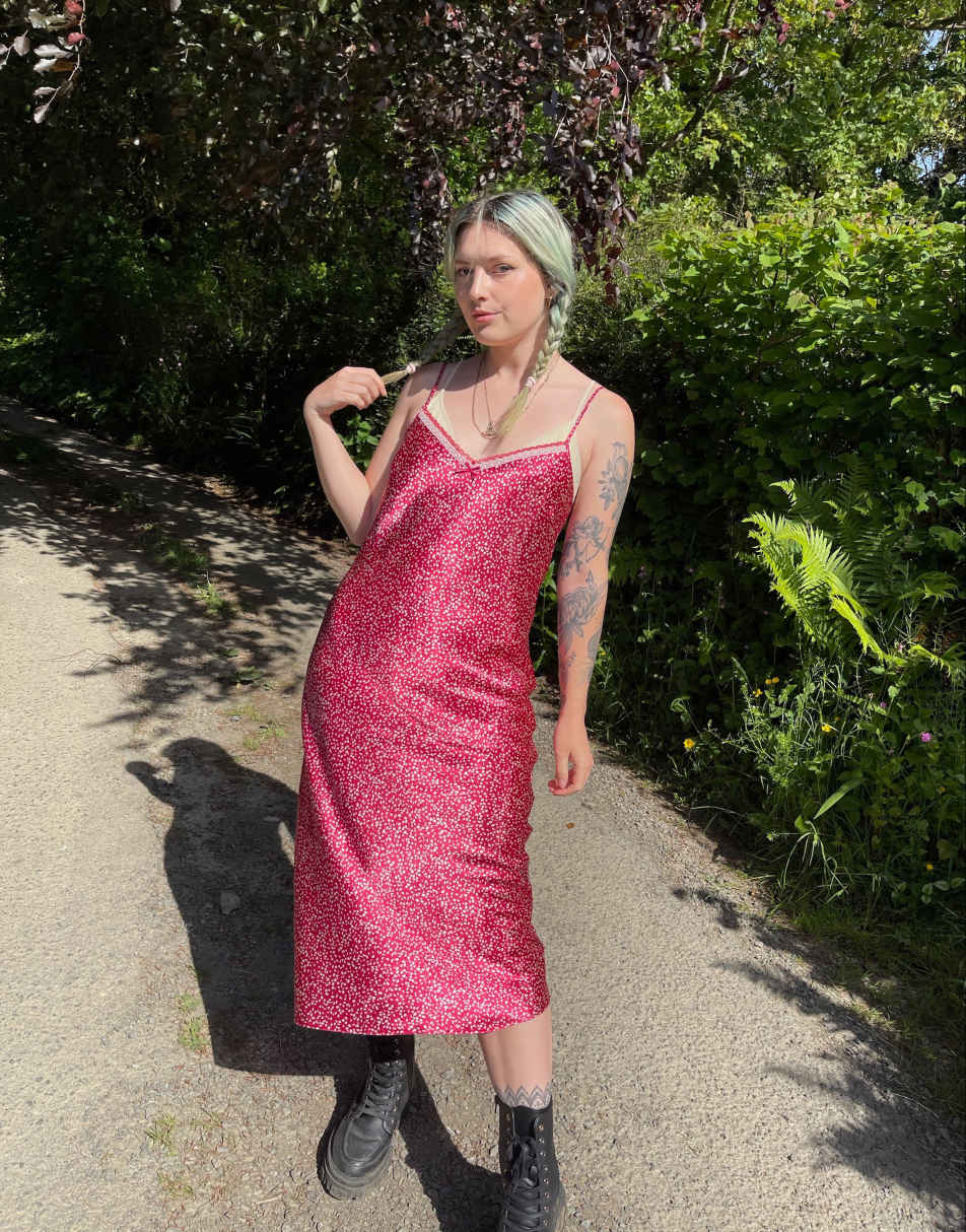 Vintage Size M satin midi slip dress in red
