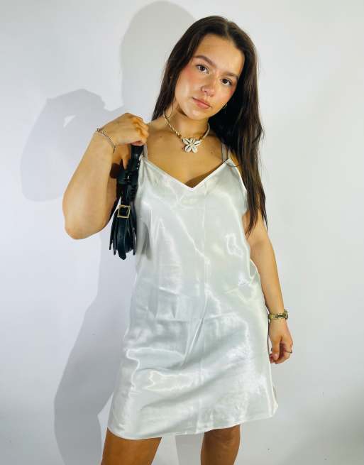 Vintage Size M Satin Mini Slip Dress in White