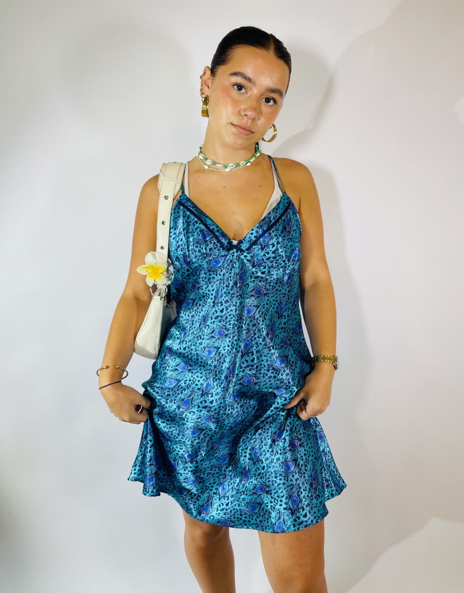 Vintage Size M Satin Patterned Slip Dress in Blue