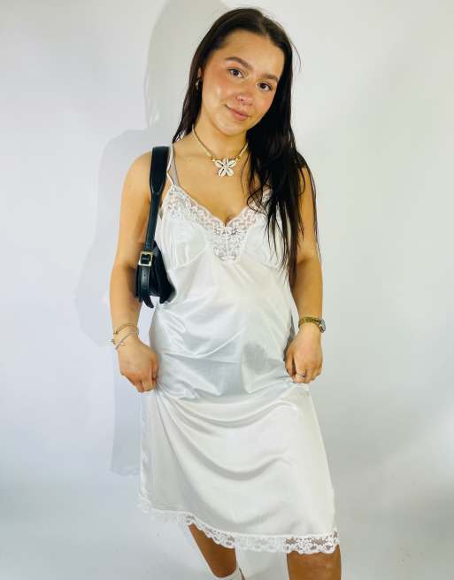 Vintage Size M Sheer Lace Midi Slip Dress in White