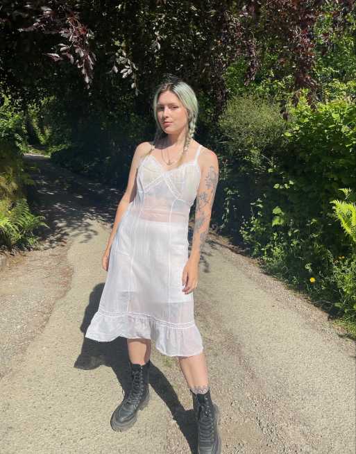 Vintage Size M sheer mesh lace midi slip dress in white