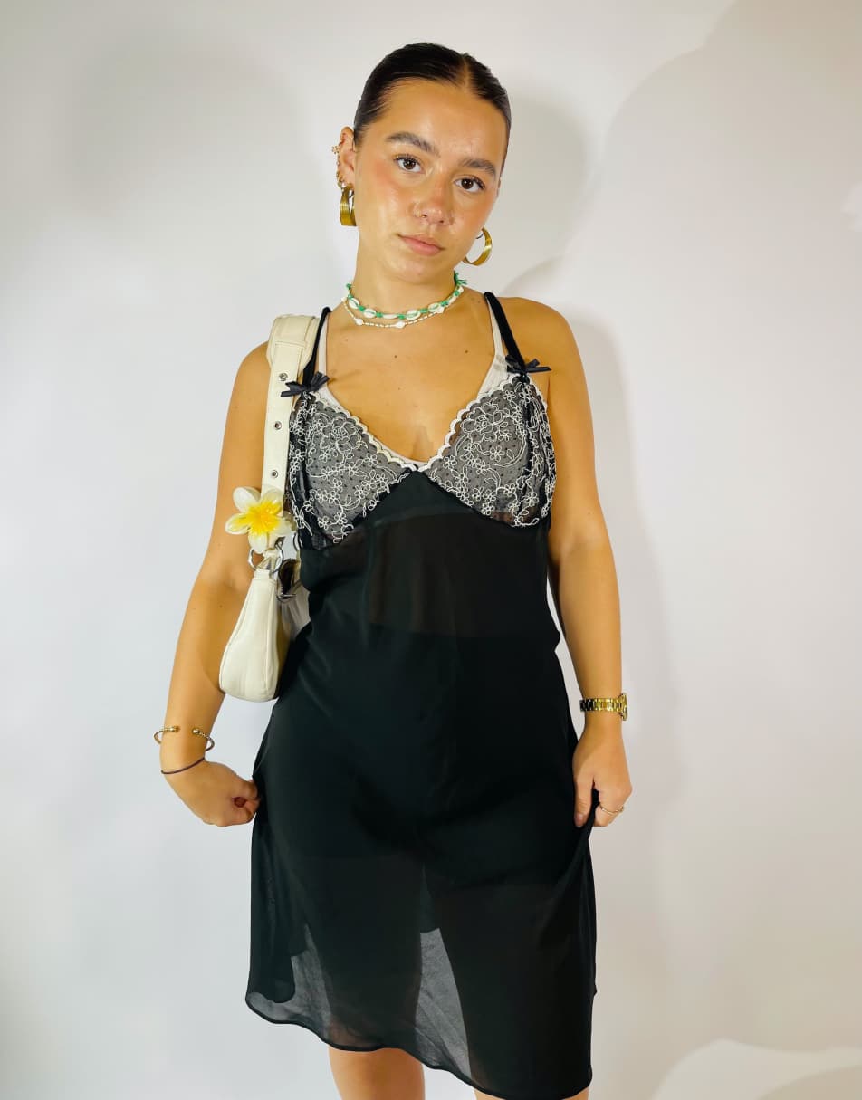 Vintage Size M Sheer Mesh Slip Dress in Black