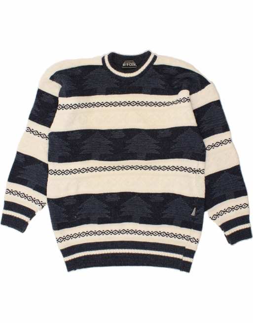 Vintage Size M Striped Crew Neck Jumper Sweater in Navy Blue