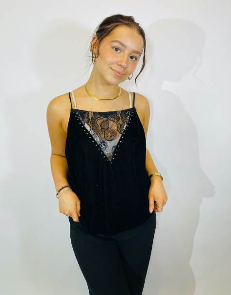 Vintage size m velvet lace cami top in black in black - view 1