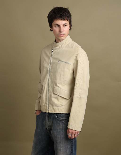 Vintage size M Versace asymmetric zip leather jacket in beige, 5 of 7