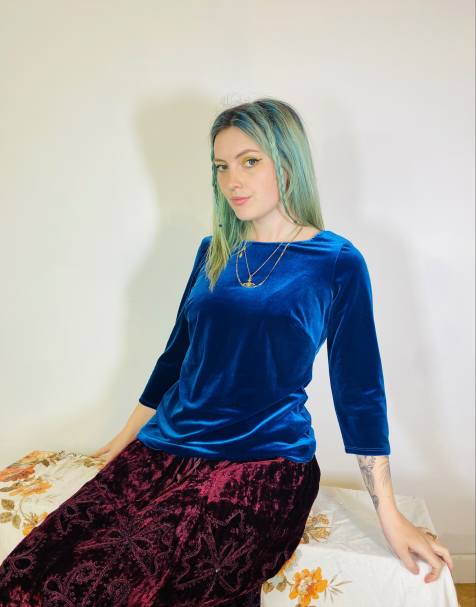 Vintage Size M Y2K fairycore velvet three quarter sleeve top in blue - view 1