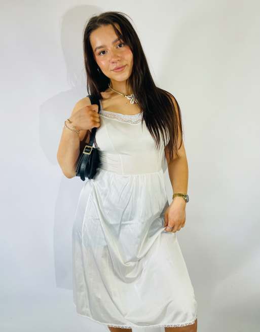 Vintage Size S 1970s Sheer Lace Midi Slip Dress in White