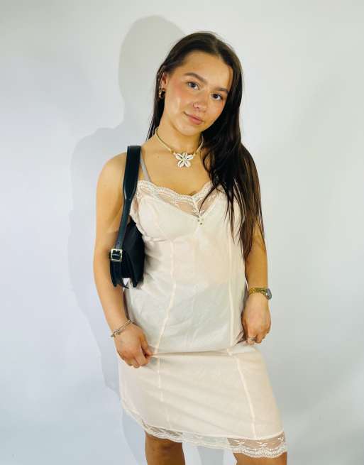 Vintage Size S 1970s Sheer Lace Mini Slip Dress in Pink