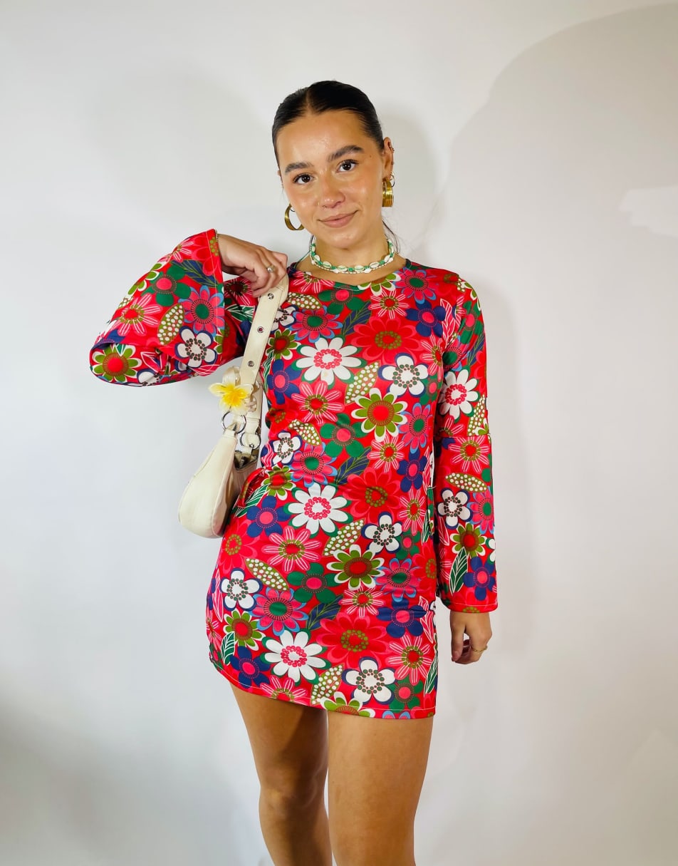 Vintage Size S 60s Style Flare Sleeve Mini Dress in Multi