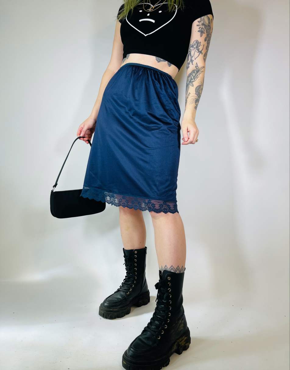 Vintage Size S 90s satin lace detail midi slip skirt in navy