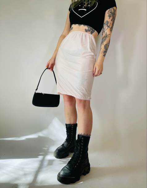 Vintage Size S 90s satin lace detail midi slip skirt in pastel pink - view 1