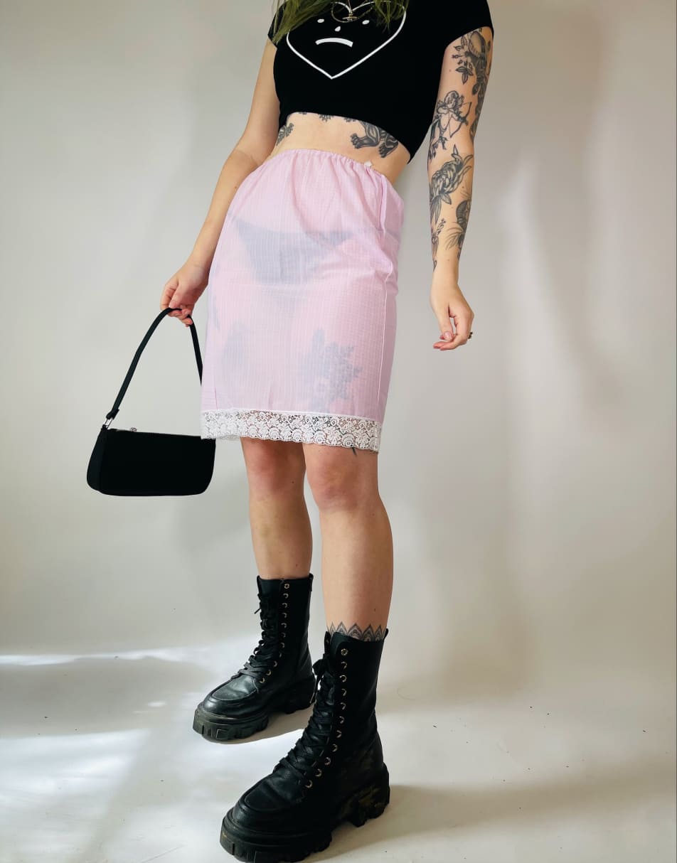 Vintage Size S 90s satin lace detail midi slip skirt in pastel pink