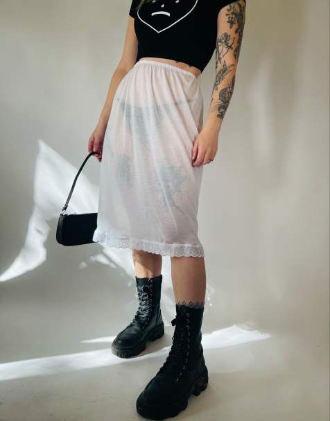Vintage Size S 90s satin lace detail sheer slip skirt in white - view 1