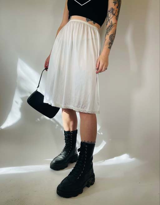 Vintage Size S 90s satin lace detail slip skirt in white