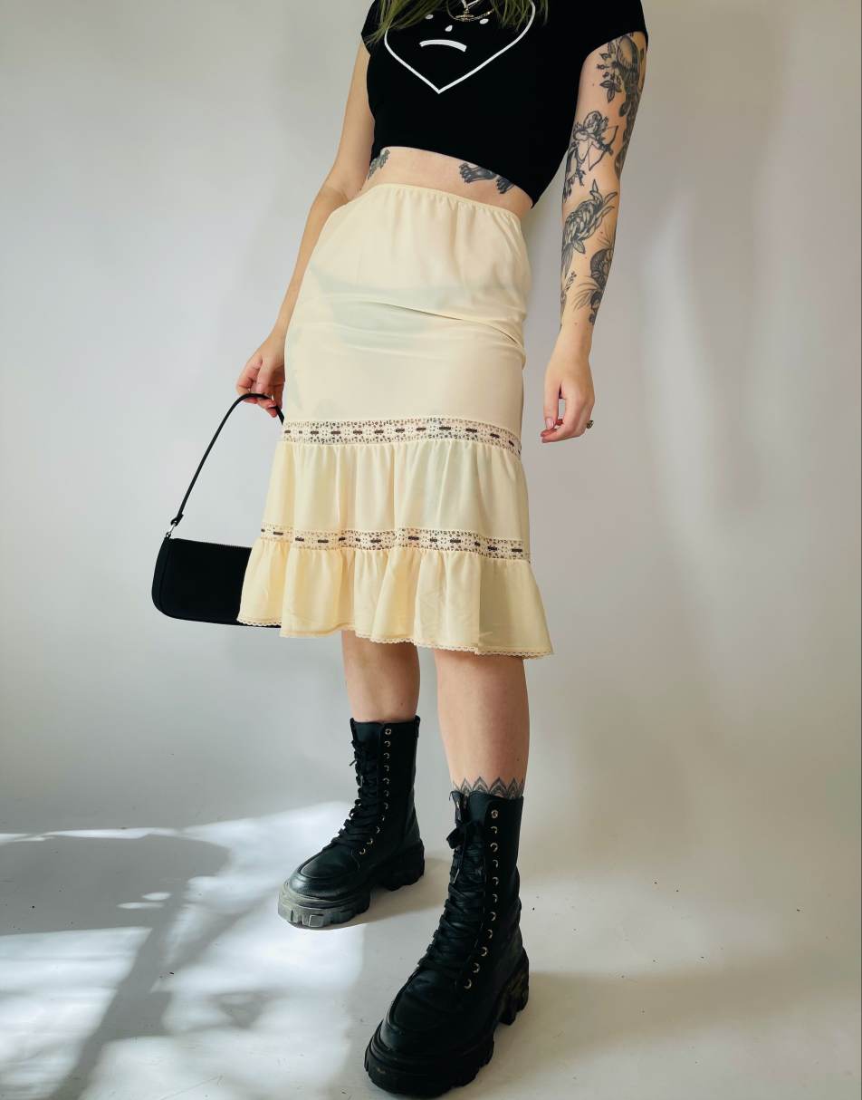 Vintage Size S 90s satin lace detail tiered sheer midi skirt in neutral
