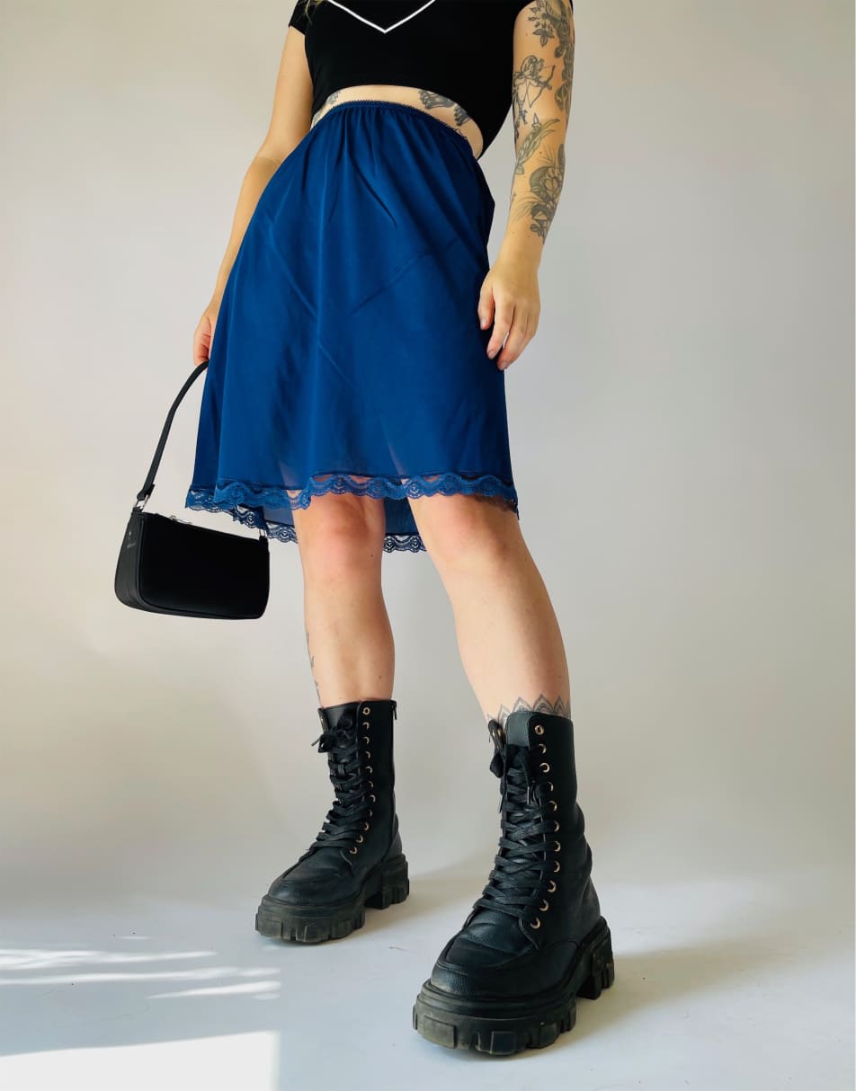 Vintage Size S 90s satin lace sheer midi slip skirt in blue