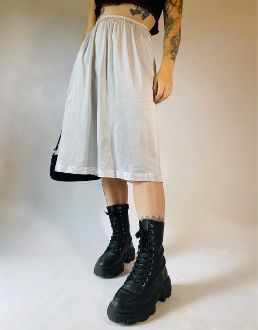 Vintage Size S 90s satin lace sheer midi slip skirt in grey 