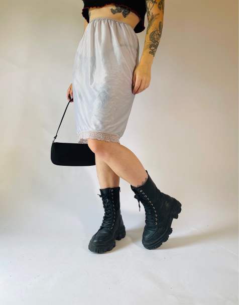 Vintage Size S 90s satin lace sheer midi slip skirt in grey - view 1