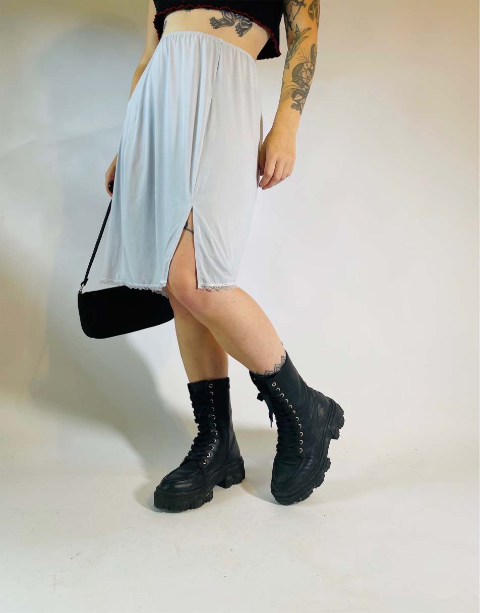 Vintage Size S 90s satin lace sheer midi slip skirt in grey