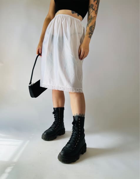 Vintage Size S 90s satin lace sheer midi slip skirt in white - view 1