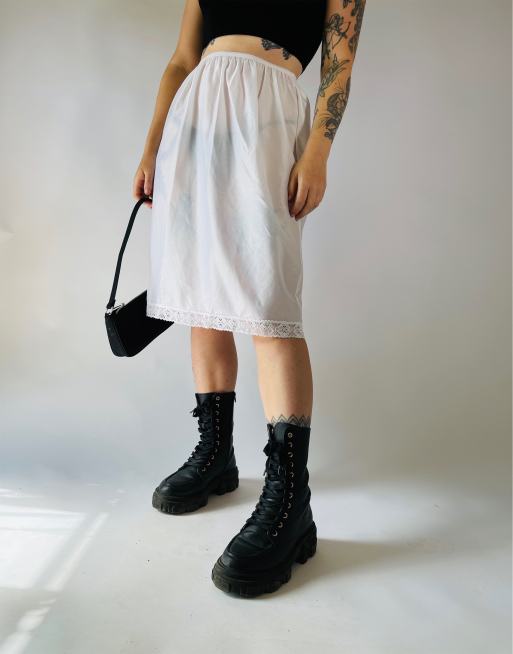 Vintage Size S 90s satin lace sheer midi slip skirt in white