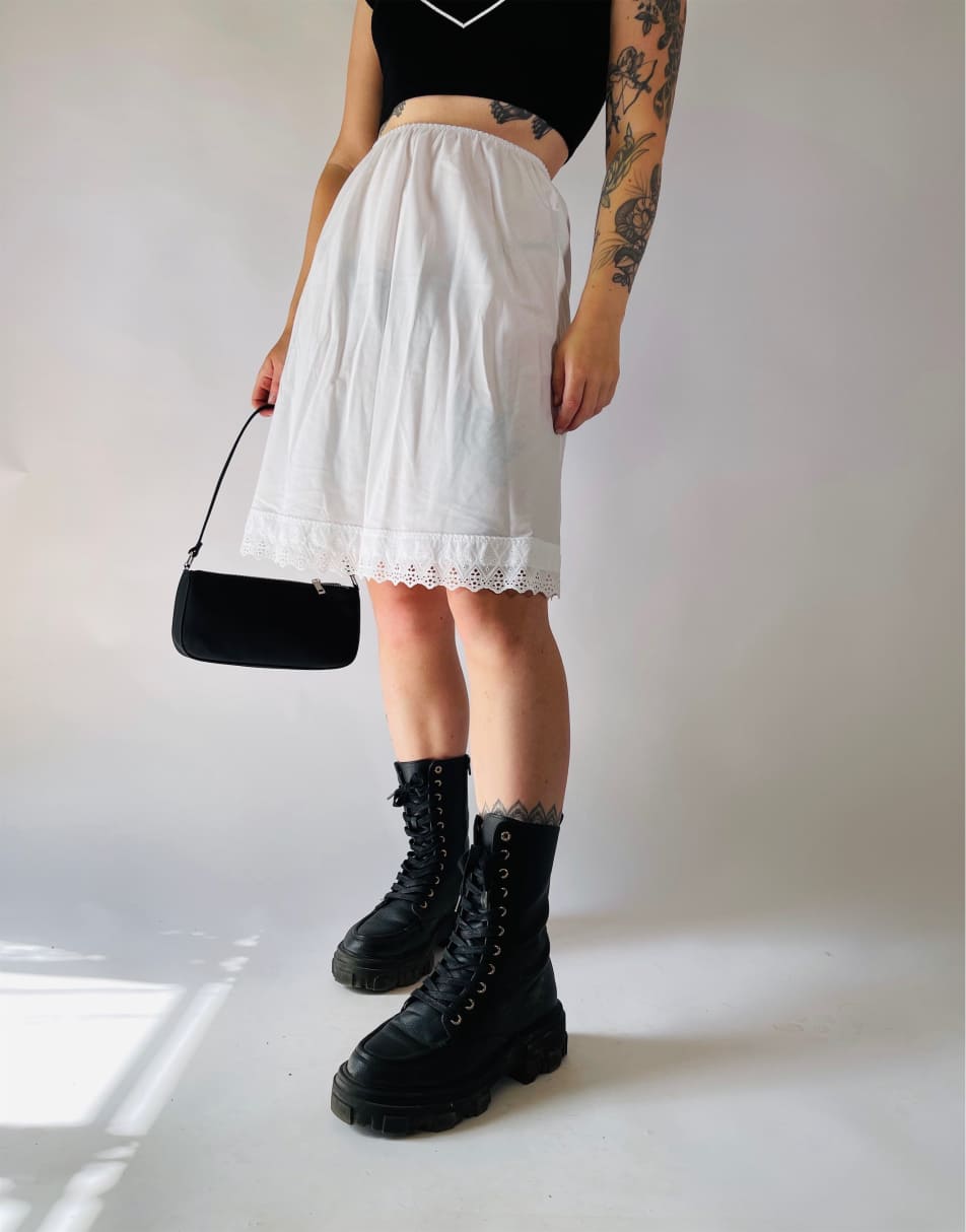 Vintage Size S 90s satin lace sheer midi slip skirt in white