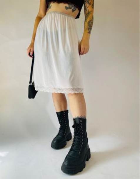 Vintage Size S 90s satin lace sheer midi slip skirt in white - view 1