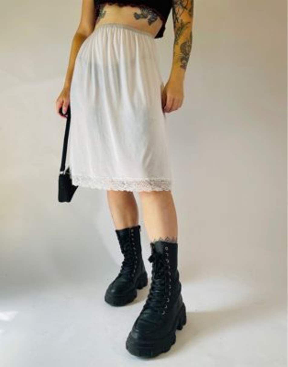 Vintage Size S 90s satin lace sheer midi slip skirt in white