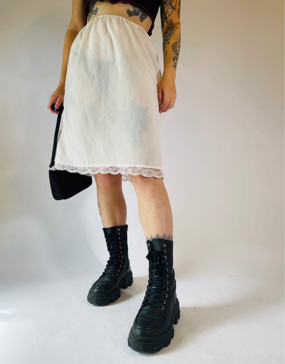 Vintage Size S 90s satin lace sheer midi slip skirt in white