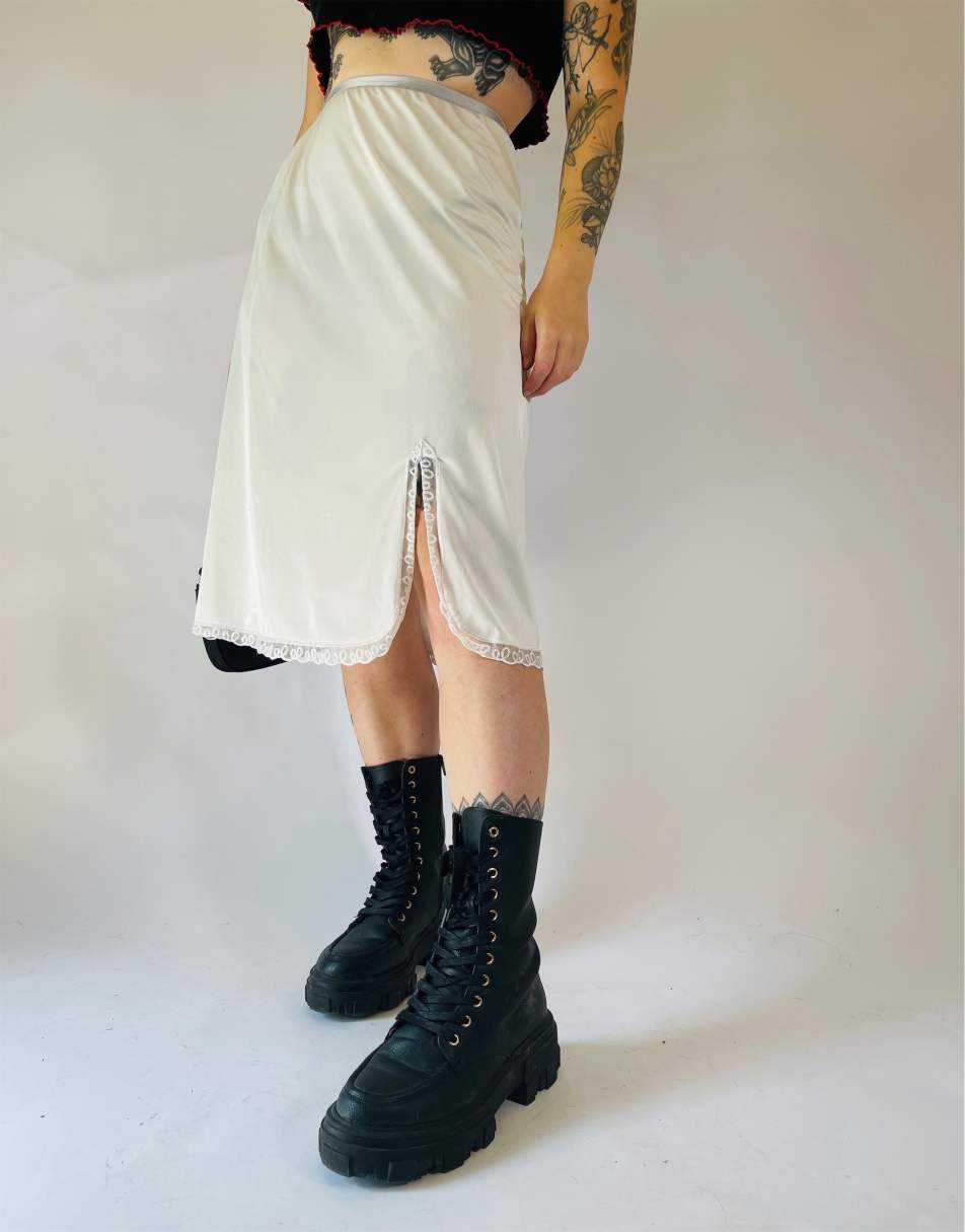 Vintage Size S 90s satin lace sheer midi slip skirt in white