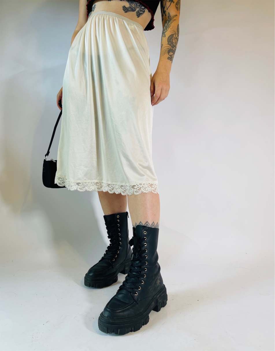 Vintage Size S 90s satin lace sheer midi slip skirt in white