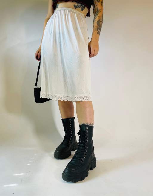 Vintage Size S 90s satin lace sheer midi slip skirt in white 