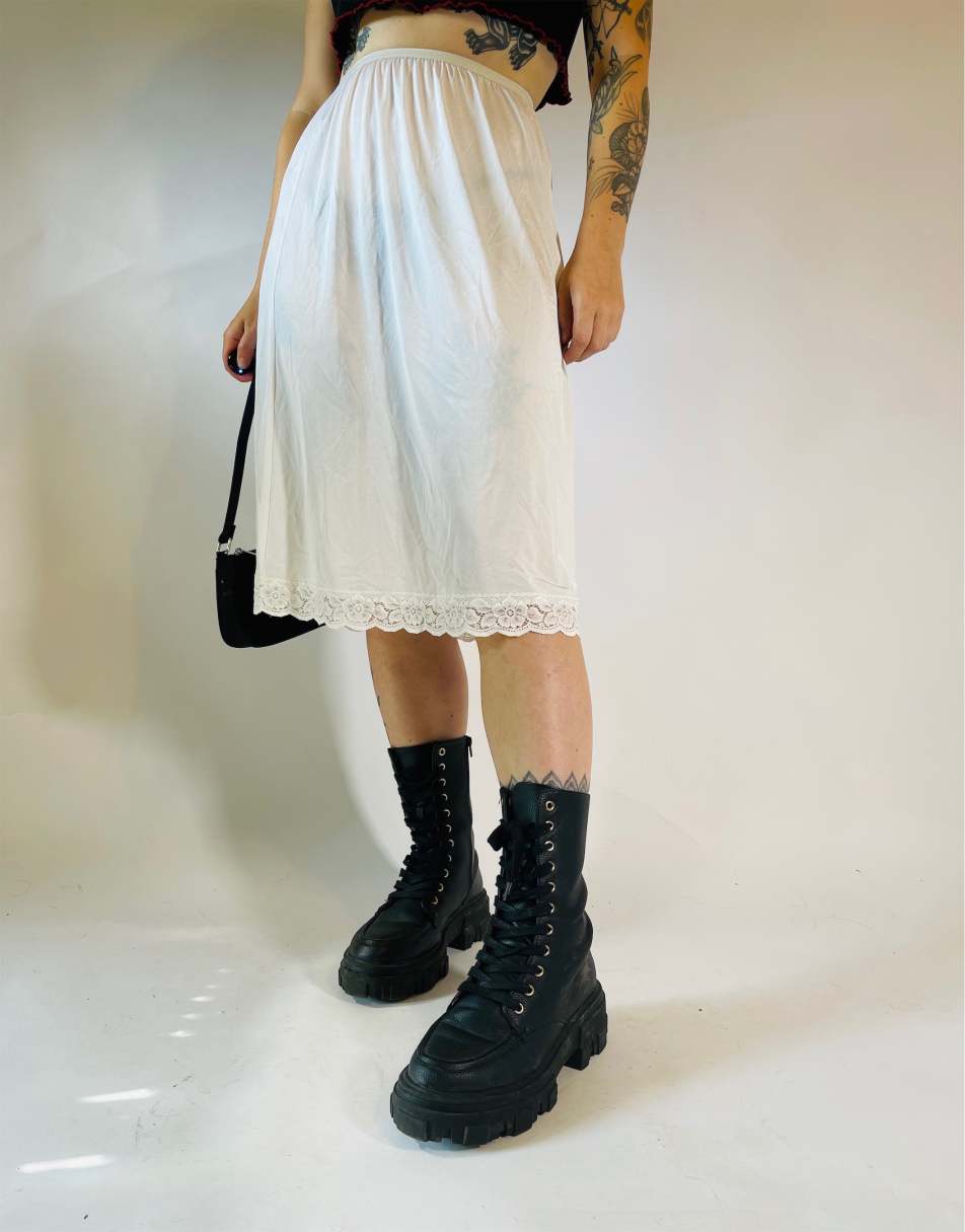 Vintage Size S 90s satin lace sheer midi slip skirt in white