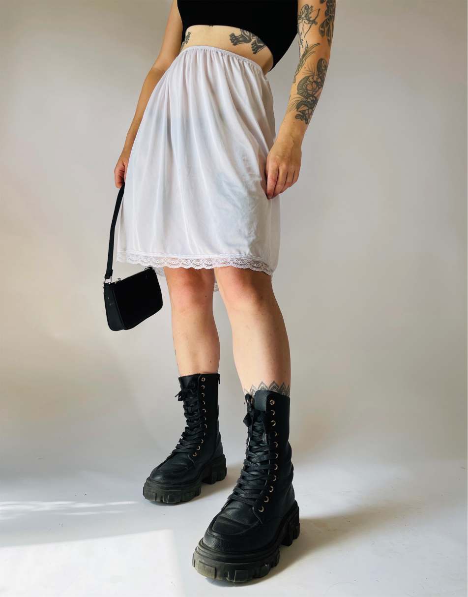 Vintage Size S 90s satin lace sheer mini slip skirt in white