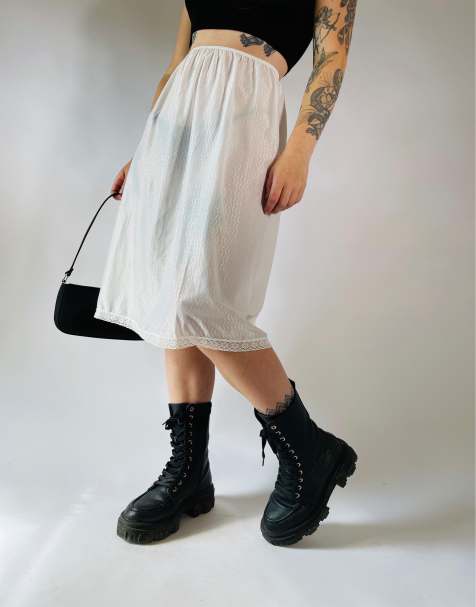 Vintage Size S 90s satin lace sheer slip skirt in white - view 1