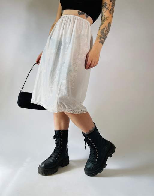 Vintage Size S 90s satin lace sheer slip skirt in white