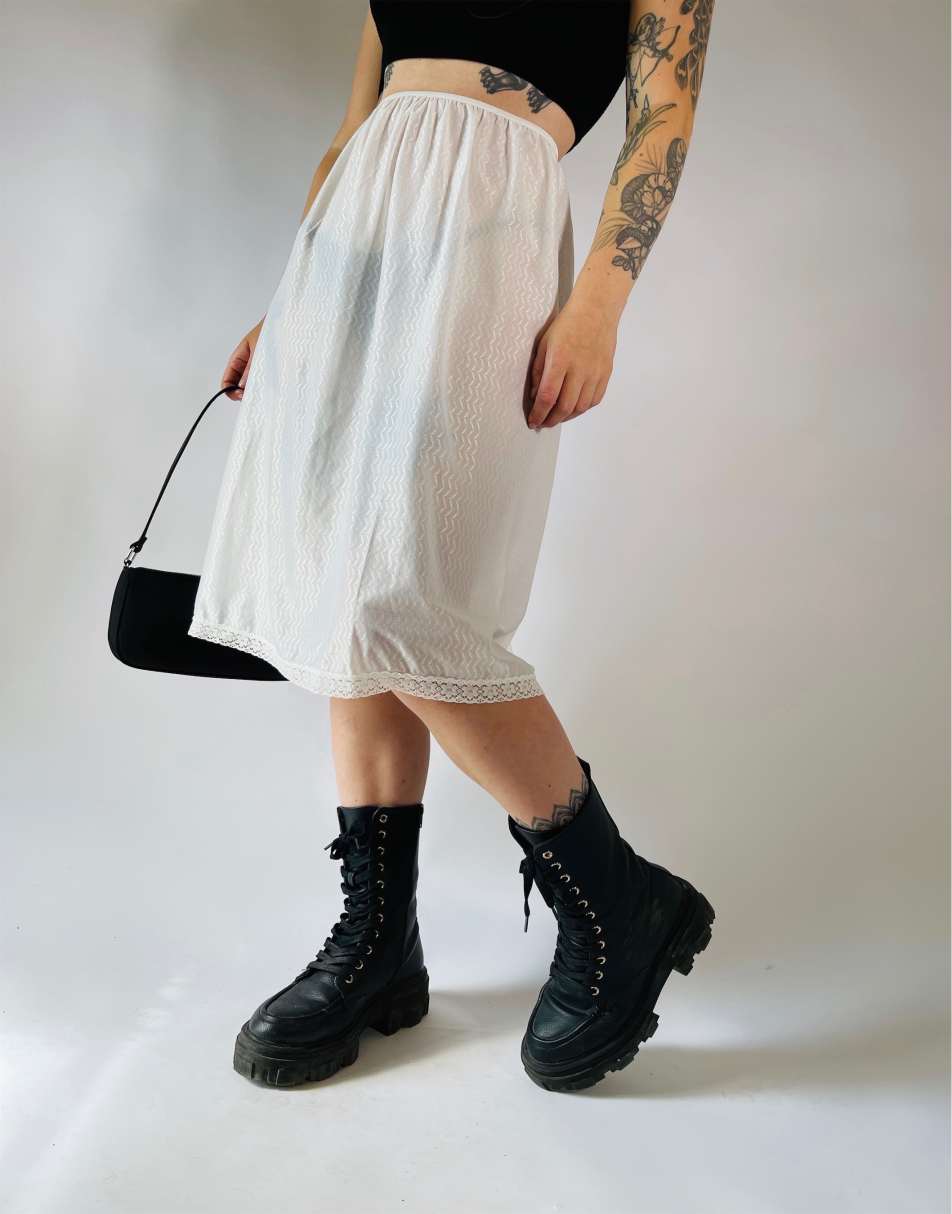 Vintage Size S 90s satin lace sheer slip skirt in white