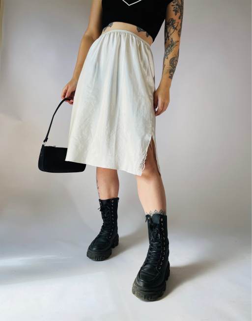 Vintage Size S 90s satin midi slip skirt in white