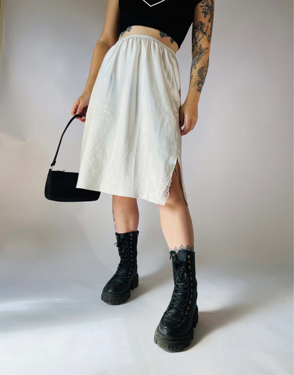Vintage Size S 90s satin midi slip skirt in white