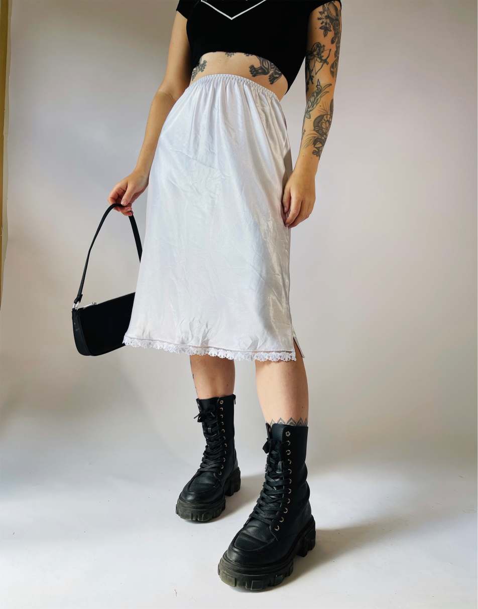 Vintage Size S 90s satin midi slip skirt in white