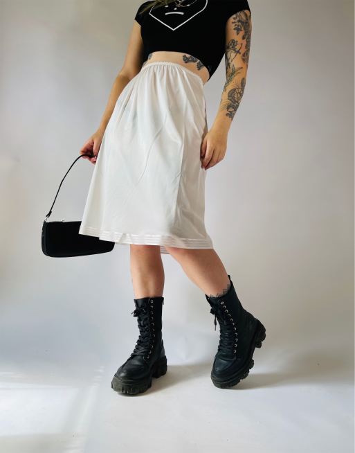 Vintage Size S 90s satin sheer midi slip skirt in white