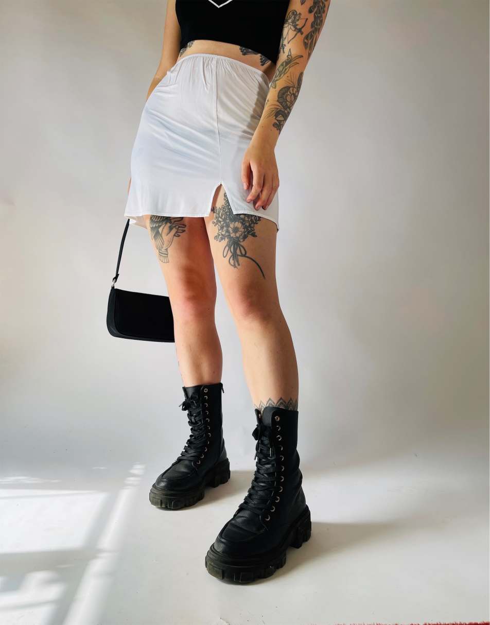 Vintage Size S 90s satin sheer mini slip skirt in white