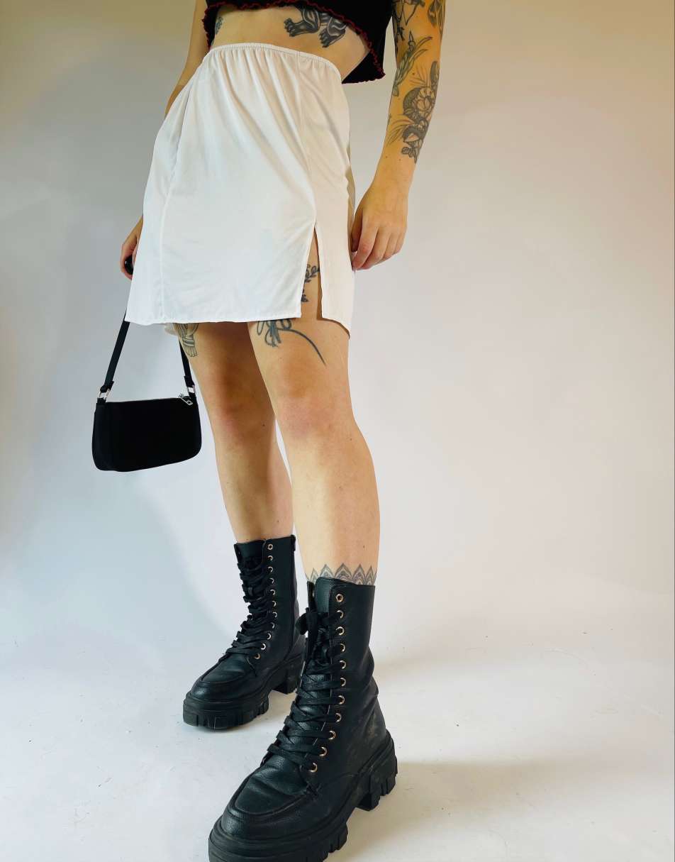 Vintage Size S 90s satin sheer mini slip skirt in white